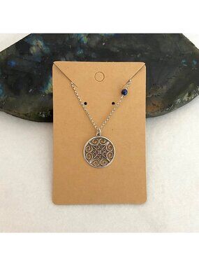 Sterling Silver 925 Round Filigree Navigate Compass Pendant Necklace Lapis Stone